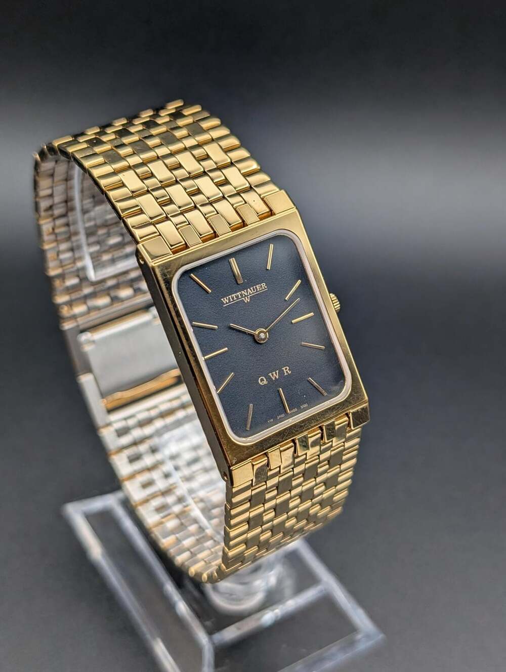Vintage Longines Wittnauer Gold-Tone Quartz Tank Watch, Black Dial with Original